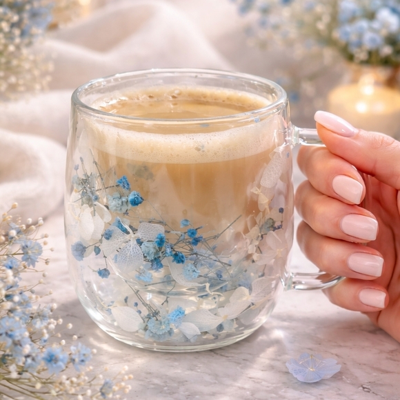 Pressed Flower Glass Mug Set Pink Blue – Aesthetic Floral Tea Cups Handmade Gift - Picture 4 of 12